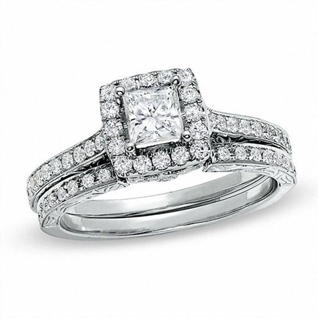 Celebration LuxÂ® 1 CT. T.w. Princess-Cut Diamond Framed Bridal Set in 18K White Gold (H-I/Si1-Si2)