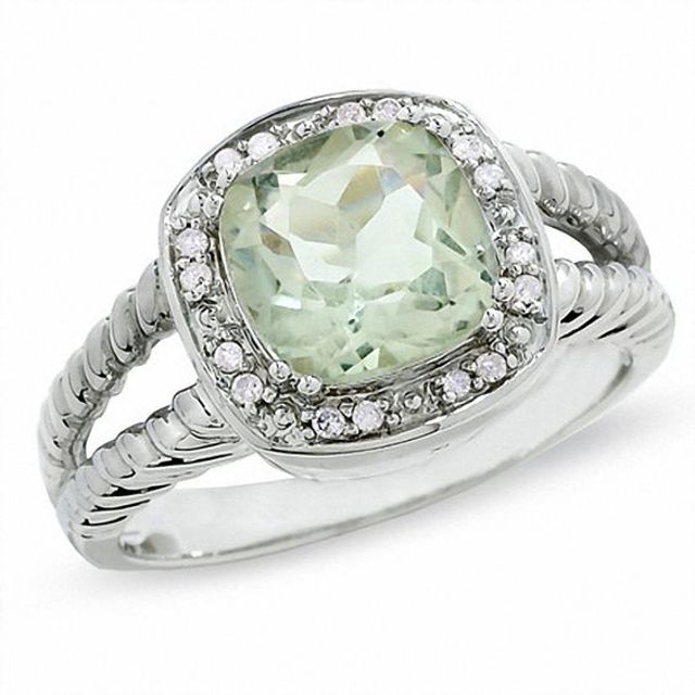 Cushion-Cut Green Quartz in Sterling Silver with Diamond Accents