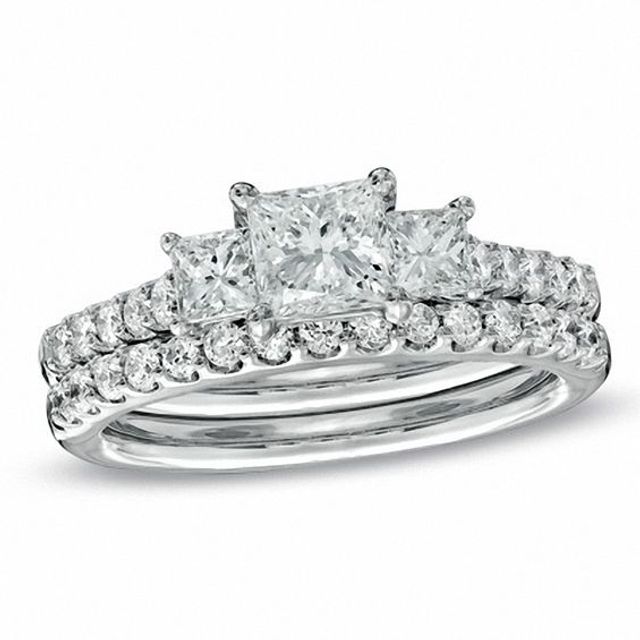 Celebration LuxÂ® 1-1/2 CT. T.w. Princess-Cut Certified Diamond Three Stone Bridal Set in 18K White Gold (I/Si2)