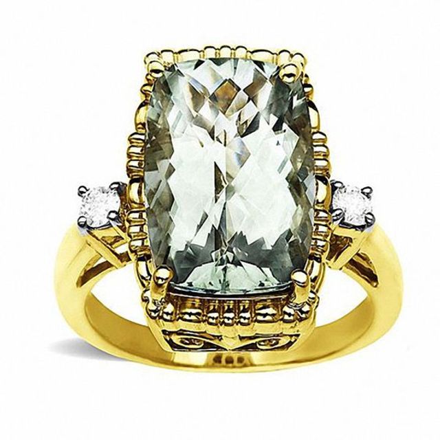 Large Rectangle Green Quartz Ring in 10K Gold with Diamond Accents