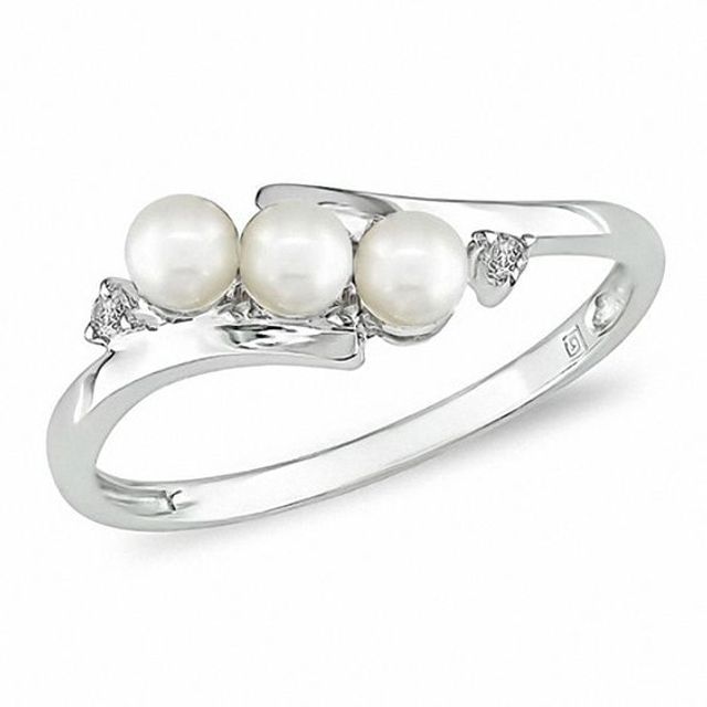 3.0 - 3.5mm Cultured Freshwater Pearl and Diamond Accent Three Stone Bypass Ring 10K White Gold
