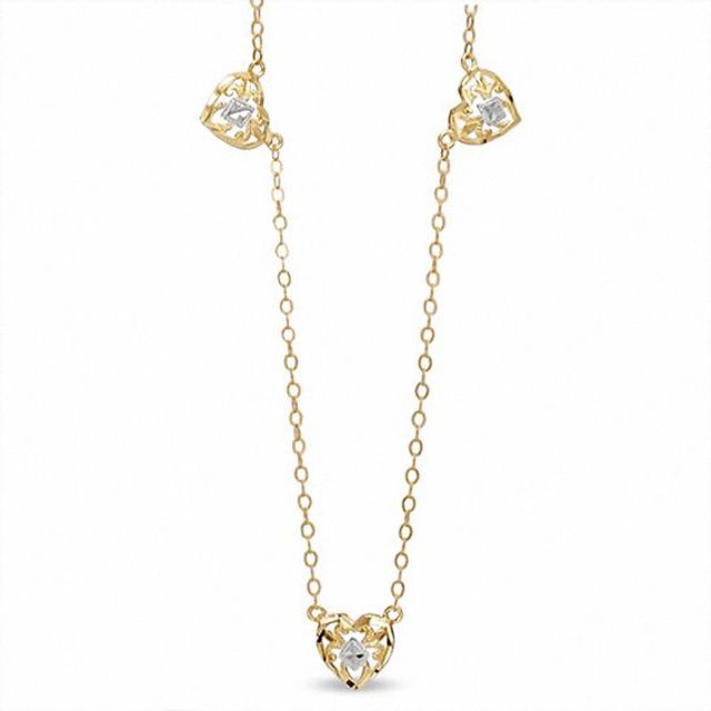 Adjustable Three Filigree Hearts Anklet in 10K Two-Tone Gold