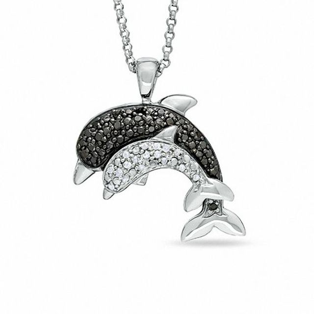 1/10 CT. T.w. Enhanced Black and White Diamond Two Dolphin Pendant in 10K White Gold