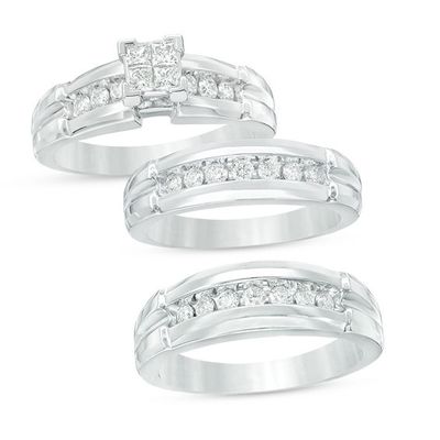 3/4 CT. T.w. Quad Diamond Comfort Fit Wedding Ensemble in 14K White Gold - Size 7 and 10.5