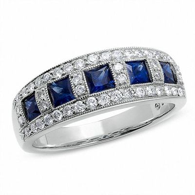 1/3 CT. T.w. Diamond and Princess-Cut Blue Sapphire Anniversary Band in 14K White Gold