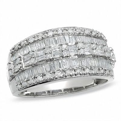 1 CT. T.w. Baguette and Round Diamond Three Row Ring in 10K White Gold