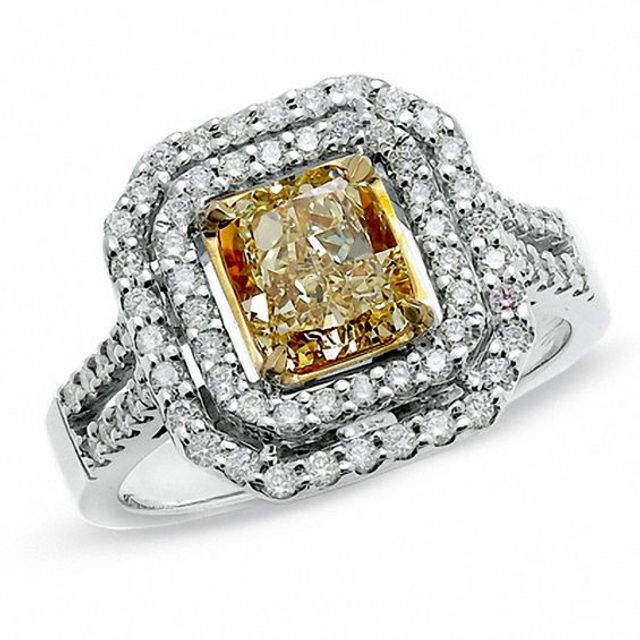 2 CT. T.w. Certified Fancy Yellow Diamond Double Framed Ring in 18K Two-Tone Gold