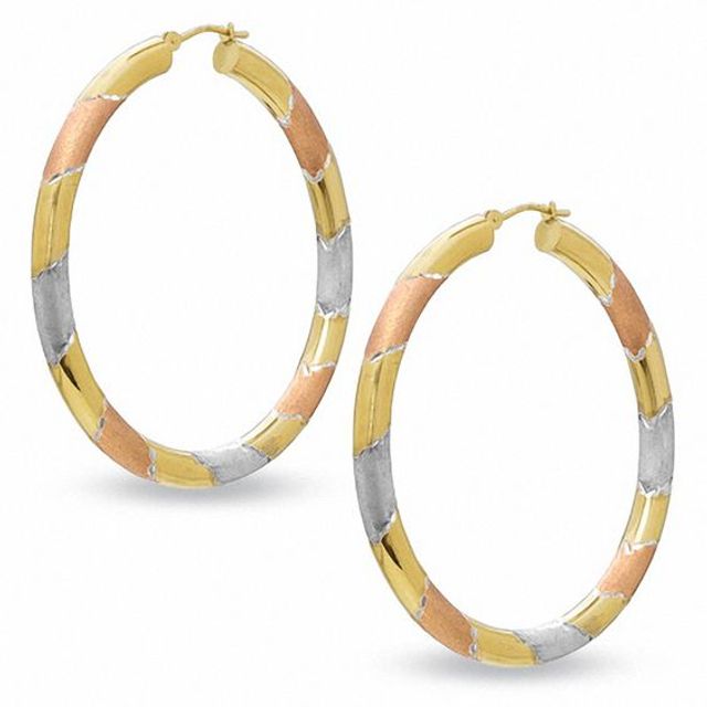 Striped Hoop Earrings in Sterling Silver and 14K Tri-Tone Gold