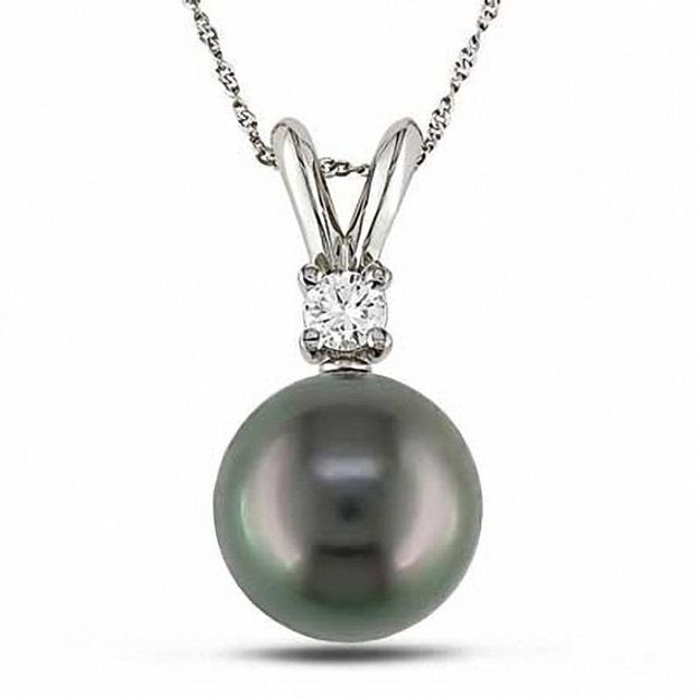 8.0-9.0mm Black Tahitian Cultured Pearl and Diamond Accent Pendant in 14K White Gold