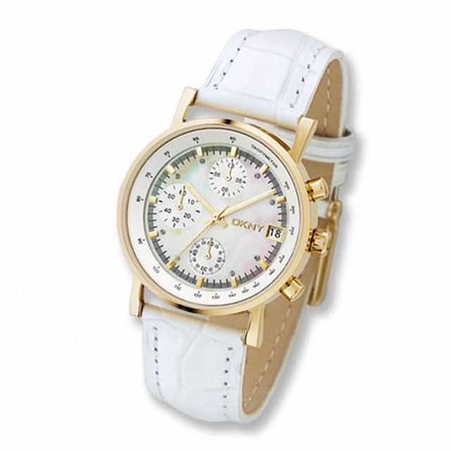 Ladies' Dkny White Leather Strap Chronograph Watch with White Dial (Model: Ny4526)