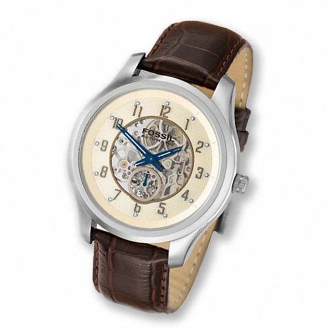 Men's Fossil Automatic Strap Watch with Skeleton Khaki Dial (Model: Me3013)