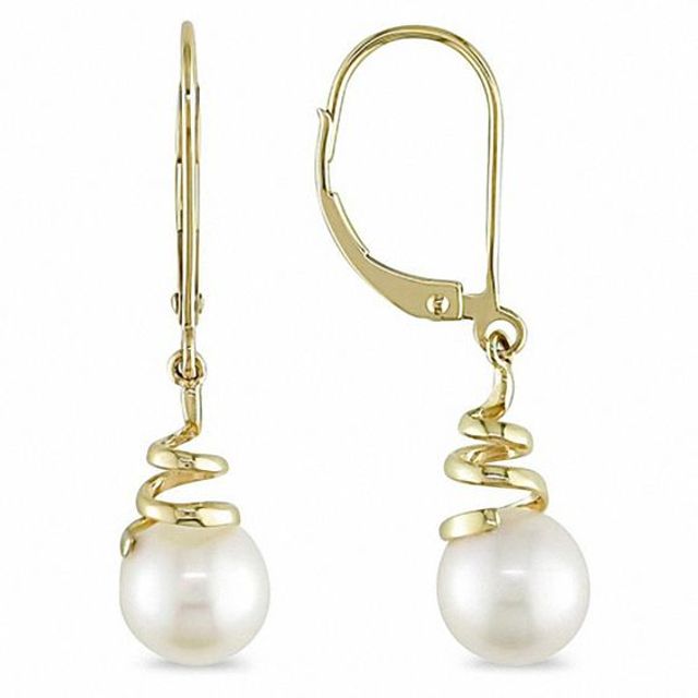 6.0-6.5mm Freshwater Cultured Pearl Coil Drop Earrings in 10K Gold