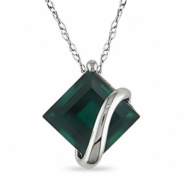 Princess-Cut Lab-Created Emerald Overlay Pendant in 10K White Gold - 17"