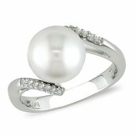 9.0-10.0mm Button Freshwater Cultured Pearl and 1/20 CT. T.w. Diamond Bypass Ring in Sterling Silver