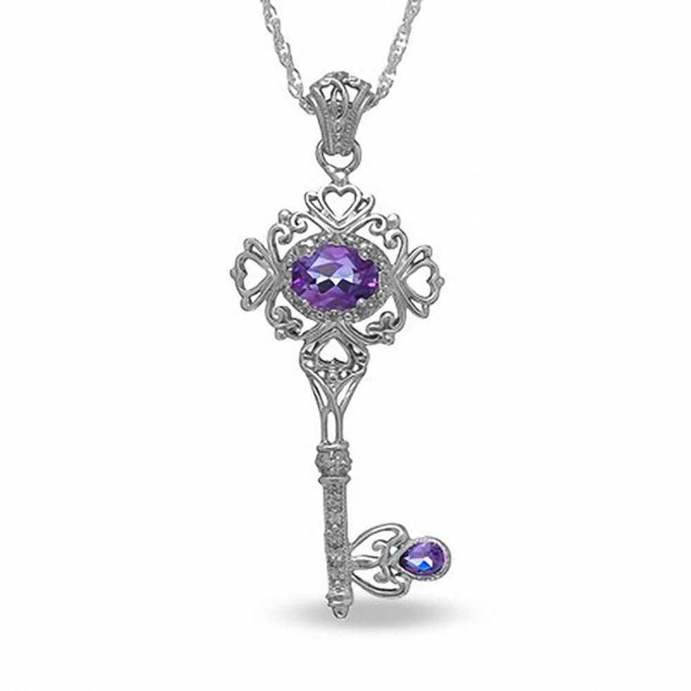 Amethyst Vintage-Style Key Pendant in Sterling Silver with Diamond Accents