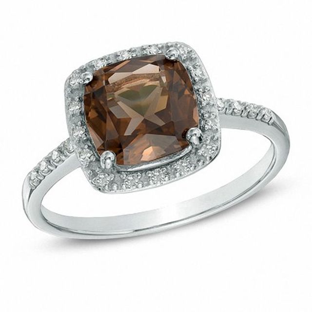 Cushion-Cut Smoky Quartz Ring in 14K White Gold with Diamond Accents