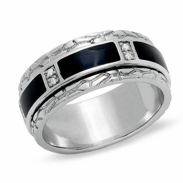 Men's Black Enamel Inlay Sterling Silver Spinner Band with Diamond Accents