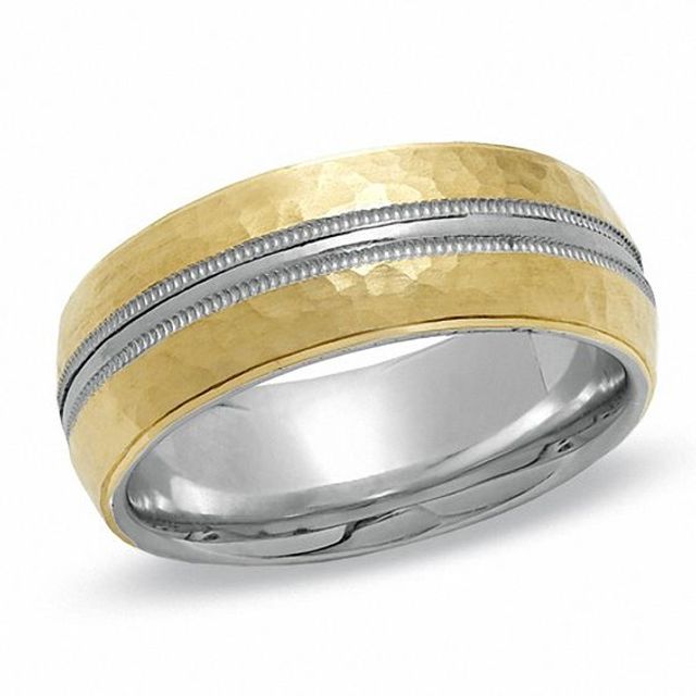 Men's 8.0mm Hammered Milgrain Wedding Band in 14K Gold and Sterling Silver