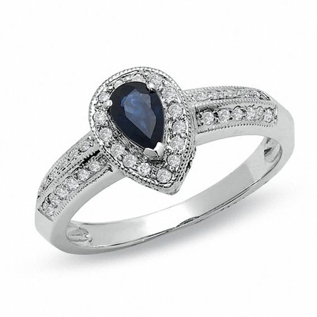 Pear-Shaped Blue Sapphire Vintage-Style Engagement Ring 10K White Gold with Diamond Accents