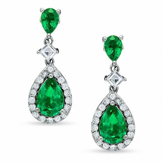 Pear-Shaped Lab-Created Emerald and White Sapphire Drop Earrings in 14K White Gold