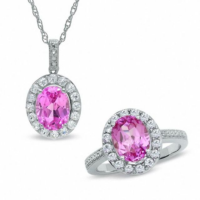 Oval Lab-Created Pink and White Sapphire Pendant and Ring Set in Sterling Silver