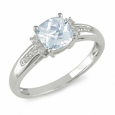 Cushion-Cut Aquamarine and Diamond Engagement Ring 10K White Gold