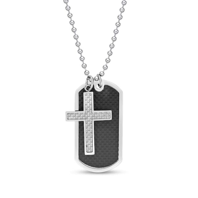 Men's Cross and Dog Tag Pendant with Carbon fiber Inlay in Stainless Steel - 22"