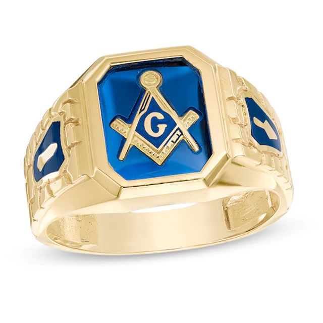 Men's Lab-Created Blue Sapphire Masonic Ring in 10K Gold