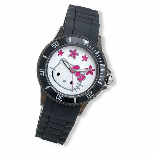 Hello KittyÂ® Black Strap Watch with Pink Sapphire White Dial (Model: Hwl1155Black)