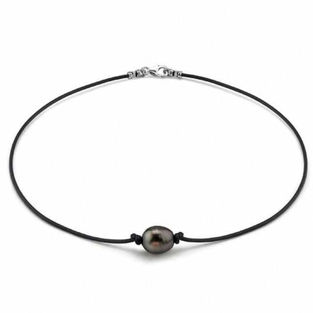 11.0mm Baroque Black Tahitian Cultured Pearl Leather Necklace with Sterling Silver Clasp-17"