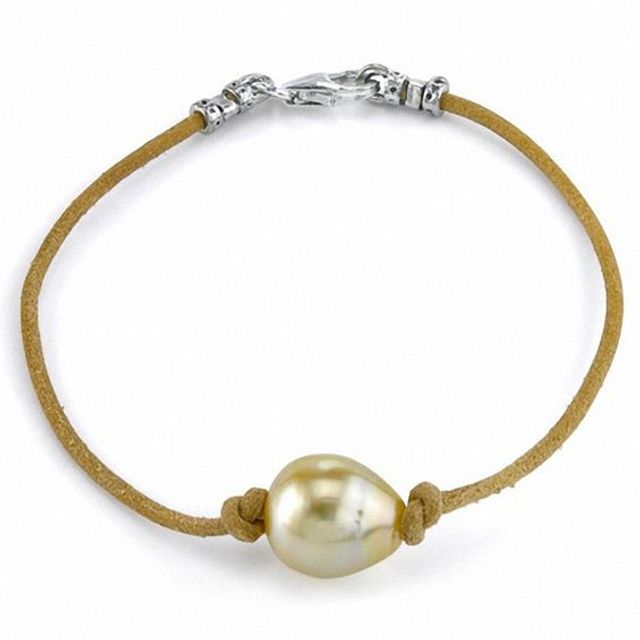 11.0mm Baroque Golden South Sea Cultured Pearl Leather Bracelet-7.5"