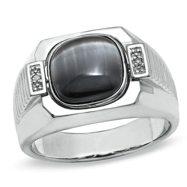 Men's Flip Onyx and Gray Cat's Eye Ring in Sterling Silver with Diamond Accents