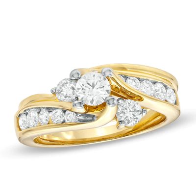 1 CT. T.w. Diamond Three Stone Swirl Bridal Set in 14K Gold