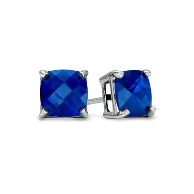 6.0mm Cushion-Cut Lab-Created Blue Sapphire Stud Earrings in 10K White Gold