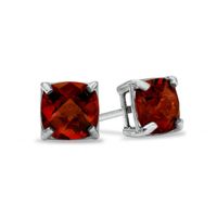 6.0mm Cushion-Cut Garnet Stud Earrings in 10K White Gold