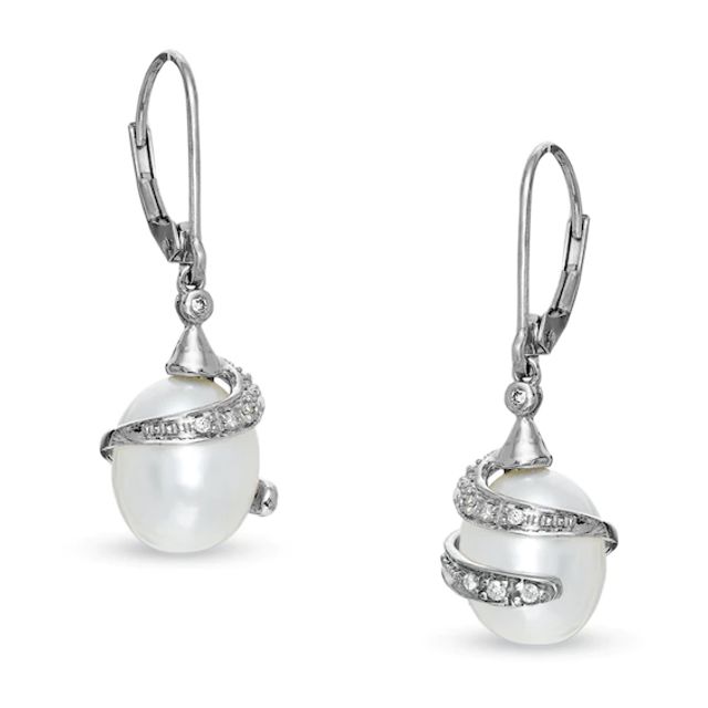 Freshwater Cultured Pearl Wrap Drop Earrings in 10K White Gold with Diamond Accents