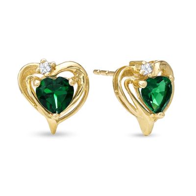 5.0mm Heart-Shaped Lab-Created Emerald and White Sapphire Earrings in 10K Gold