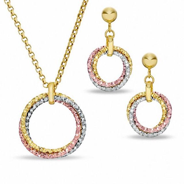 14K Tri-Tone Gold and Sterling Silver Circle Pendant and Earrings Set