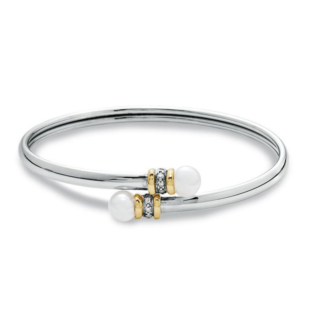 7.0mm Freshwater Cultured Pearl Bypass Bangle in Sterling Silver and 14K Gold with Diamond Accents-7.5"