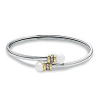 7.0mm Freshwater Cultured Pearl Bypass Bangle in Sterling Silver and 14K Gold with Diamond Accents-7.5"