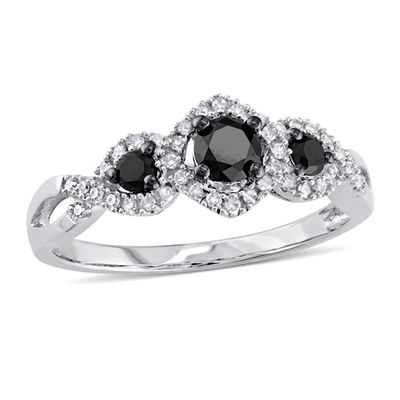 1/2 CT. T.w. Enhanced Black and White Diamond Three Stone Braided Framed Ring in 10K White Gold