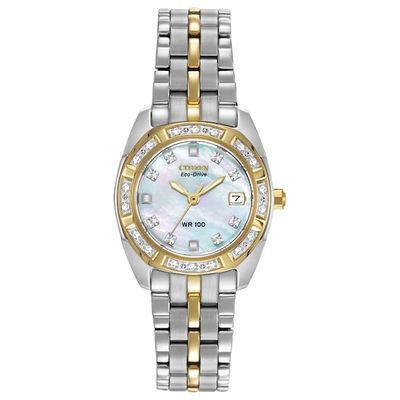 Ladies' Citizen Eco-DriveÂ® Silhouette Two-Tone Stainless Steel Watch with Diamond Markers (Model: Ew1594-55D)