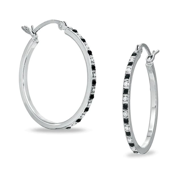 Diamond Fascinationâ¢ Black and White Alternating Hoops in Sterling Silver