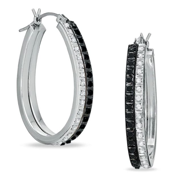 Diamond Fascinationâ¢ Black and White Double Pear-Shaped Hoops in Sterling Silver