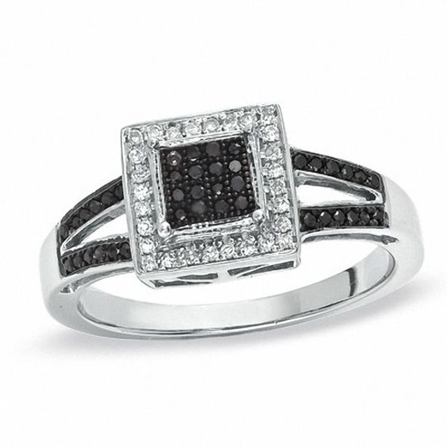 1/5 CT. T.w. Enhanced Black and White Diamond Split-Shank Ring in 10K White Gold