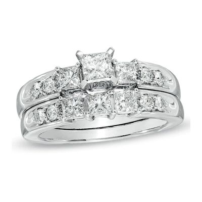 3 CT. T.w. Princess-Cut Diamond Three Stone Bridal Set in 14K White Gold