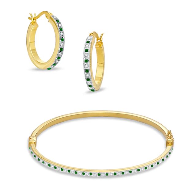 Emerald Fascinationâ¢ and Diamond Fascinationâ¢ Hoop and Bangle Set in Sterling Silver with 18K Gold Plating