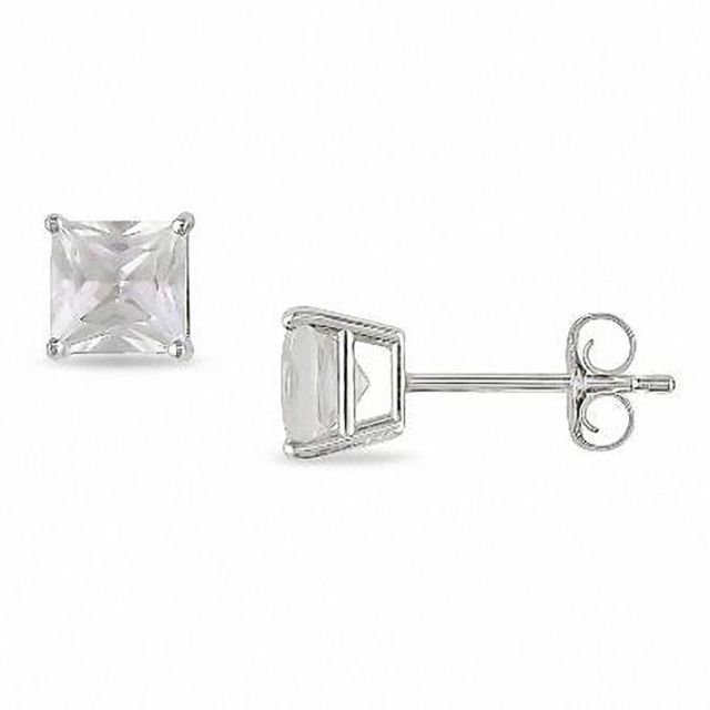 3.5mm Princess-Cut Lab-Created White Sapphire Stud Earrings in 10K White Gold
