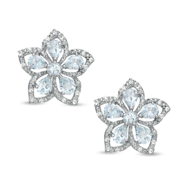 Aquamarine and White Topaz Flower Earrings in Sterling Silver