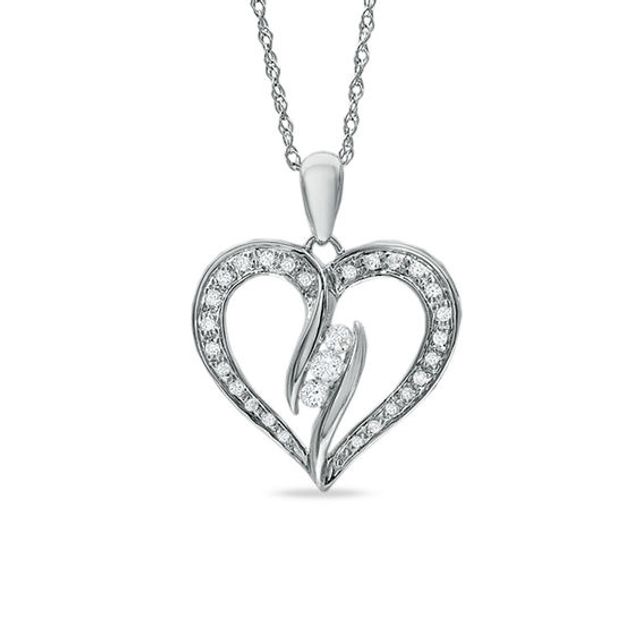 1/4 CT. T.w. Diamond Three Stone Bypass Heart Pendant in Sterling Silver